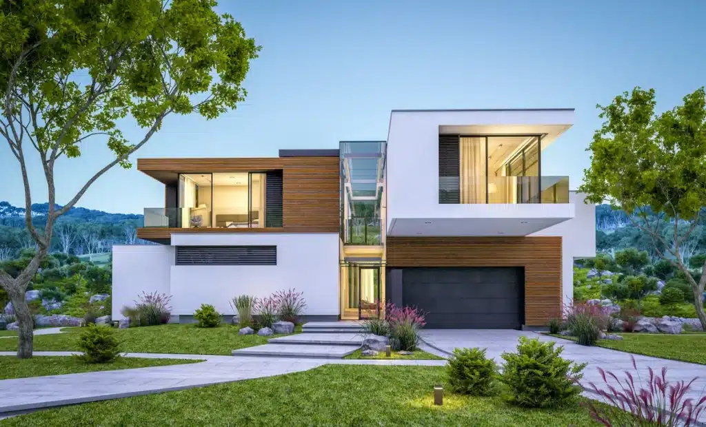 the exterior of a modern home with a low slope roof