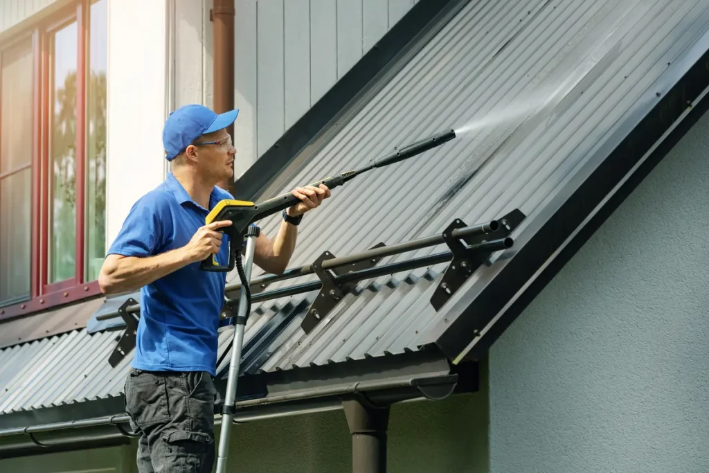 spraying a metal roof
